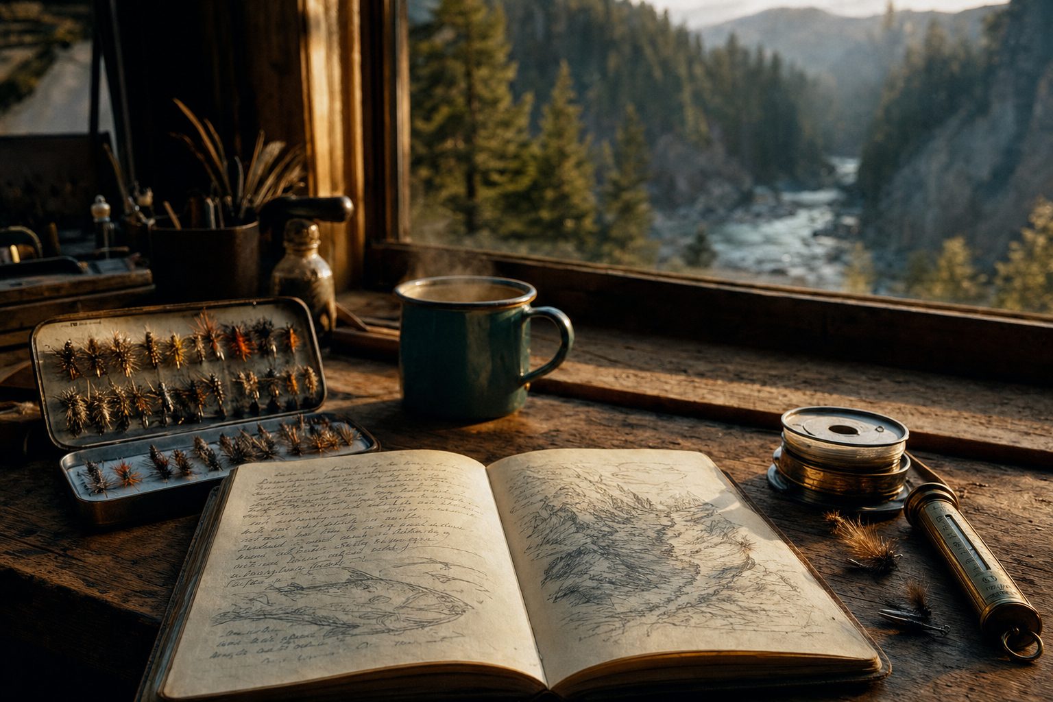 An angler's working bench by a window overlooking the Deschutes canyon, open field journal and fly box in warm afternoon light