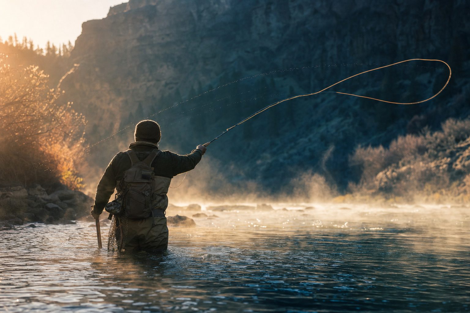 Fly angler wading thigh-deep in the Deschutes River at first light, mid-cast, basalt canyon walls behind
