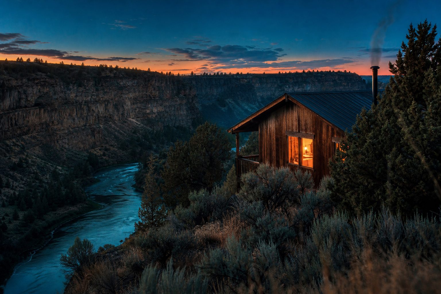 Small wooden cabin perched above the Deschutes River canyon at twilight, warm interior light spilling through a window