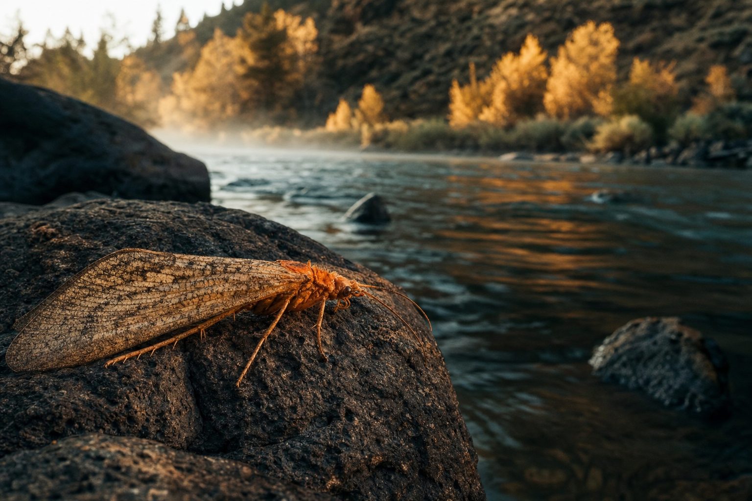 Adult October Caddis with an orange body resting on dark basalt beside the Deschutes River, autumn cottonwoods out of focus behind