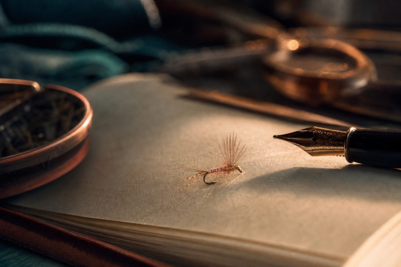 Hand-tied Pink Sparkle Dun mayfly emerger on a field journal page in warm window light